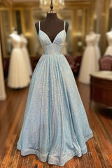 Blue Sequins Long A-Line Evening Prom Dress, V-Neck Shiny Evening Party Dress