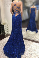 Blue Sequins Long Evening Prom Dress Mermaid Evening Dress