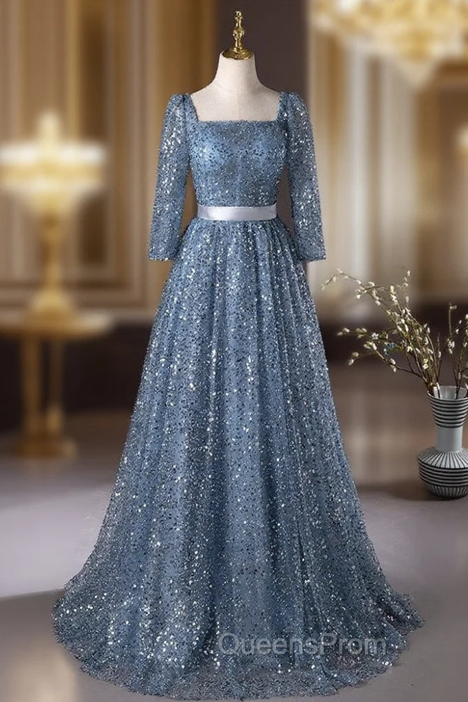 Blue Sequins Long Sleeve Square Evening Prom Dress