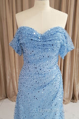 Blue Sequins Off Shoulder Sweep Train Party Dress, Blue Sweetheart Long Formal Dress
