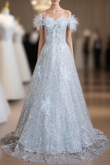 Blue Sequins Off the Shoulder 3D Flower Evening Prom Dress