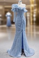 Blue Sequins One Shoulder Beading Evening Prom Dress