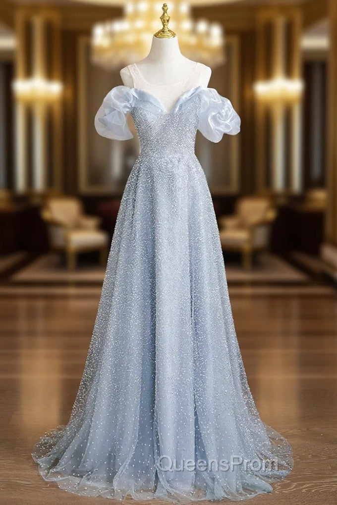 Blue Sequins Scoop Neck Backless Evening Prom Dress