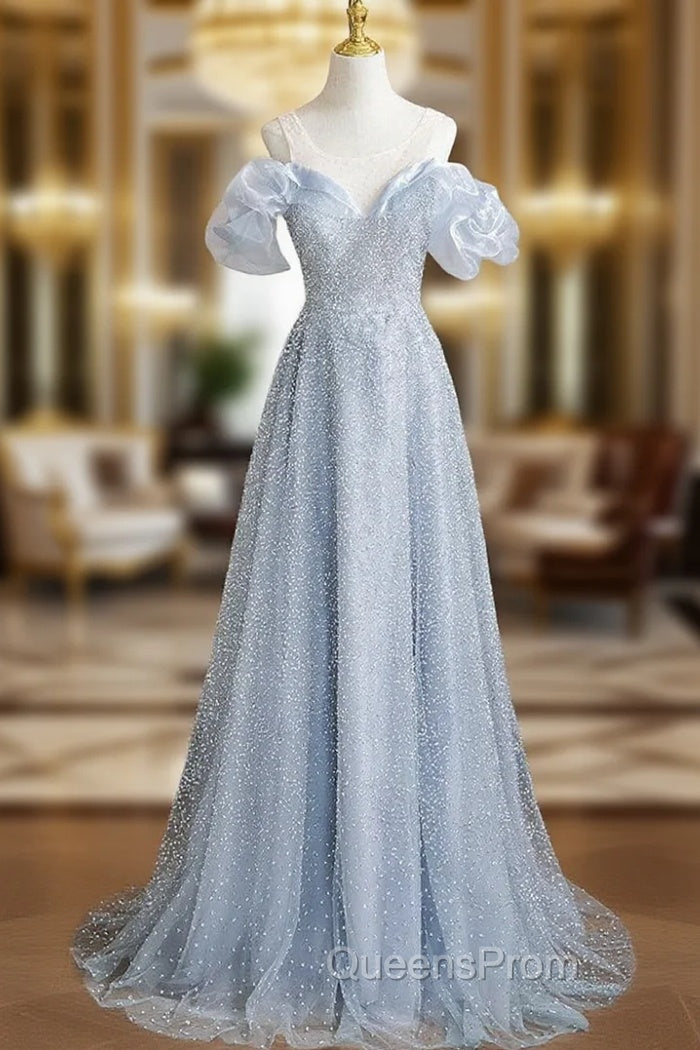 Blue Sequins Scoop Neck Evening Prom Dress