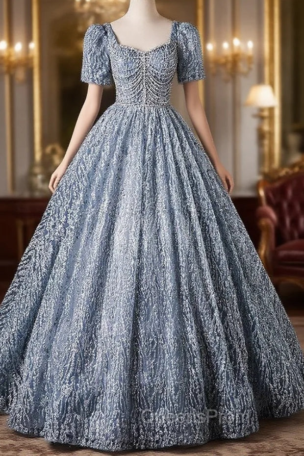 Blue Sequins Short Sleeve Beading Quinceanera Dress