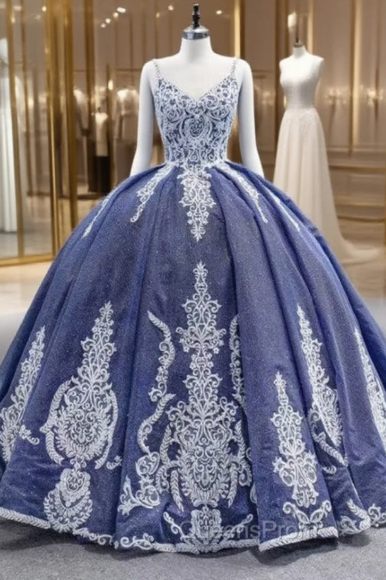 Blue Sequins Spaghetti Straps Appliques Evening Prom Dress