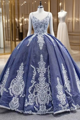 Blue Sequins Spaghetti Straps Appliques Evening Prom Dress