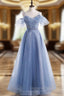 Blue Sequins Spaghetti Straps Beading Evening Prom Dress