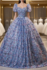 Blue Sequins Square Short Sleeve Quinceanera Dress