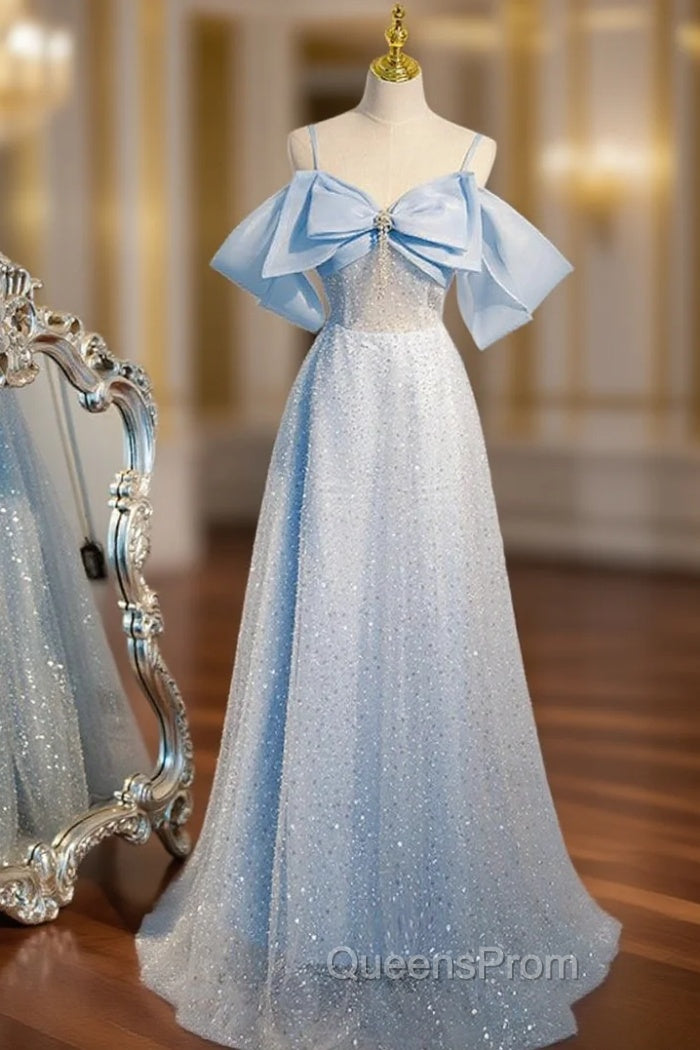 Blue Sequins Straps Bow Evening Prom Dress Main image