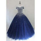 Blue Sequins Sweetheart Ball Gown Sweet 16 Gown, Blue Tulle Party Dress