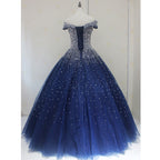 Blue Sequins Sweetheart Ball Gown Sweet 16 Gown, Blue Tulle Party Dress