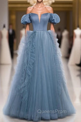 Blue Sequins Tulle Off the Shoulder Evening Prom Dress