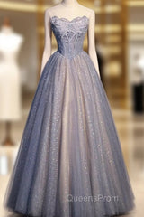 Blue Sequins Tulle Strapless Beading Evening Prom Dress