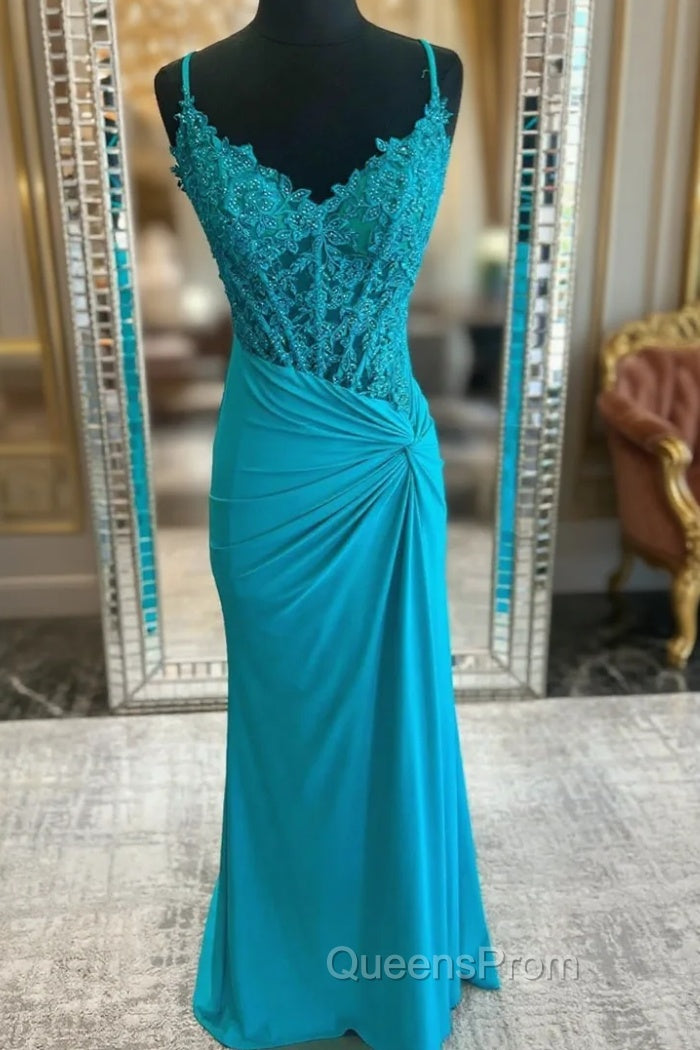 Blue Sheath Straps Appliques Beading Evening Prom Dress