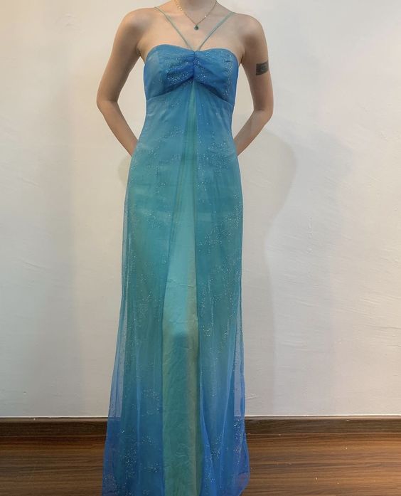 Blue Shiny Fashion Gradient Spray Gold Retro Elegant Sling Long Tulle Ball Gown Classy Evening Dress Party Dress Secondary image