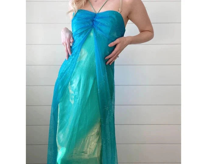 Blue Shiny Fashion Gradient Spray Gold Retro Elegant Sling Long Tulle Ball Gown Classy Evening Dress Party Dress