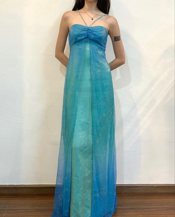 Blue Shiny Fashion Gradient Spray Gold Retro Elegant Sling Long Tulle Ball Gown Classy Evening Dress Party Dress Main image