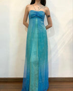 Blue Shiny Fashion Gradient Spray Gold Retro Elegant Sling Long Tulle Ball Gown Classy Evening Dress Party Dress