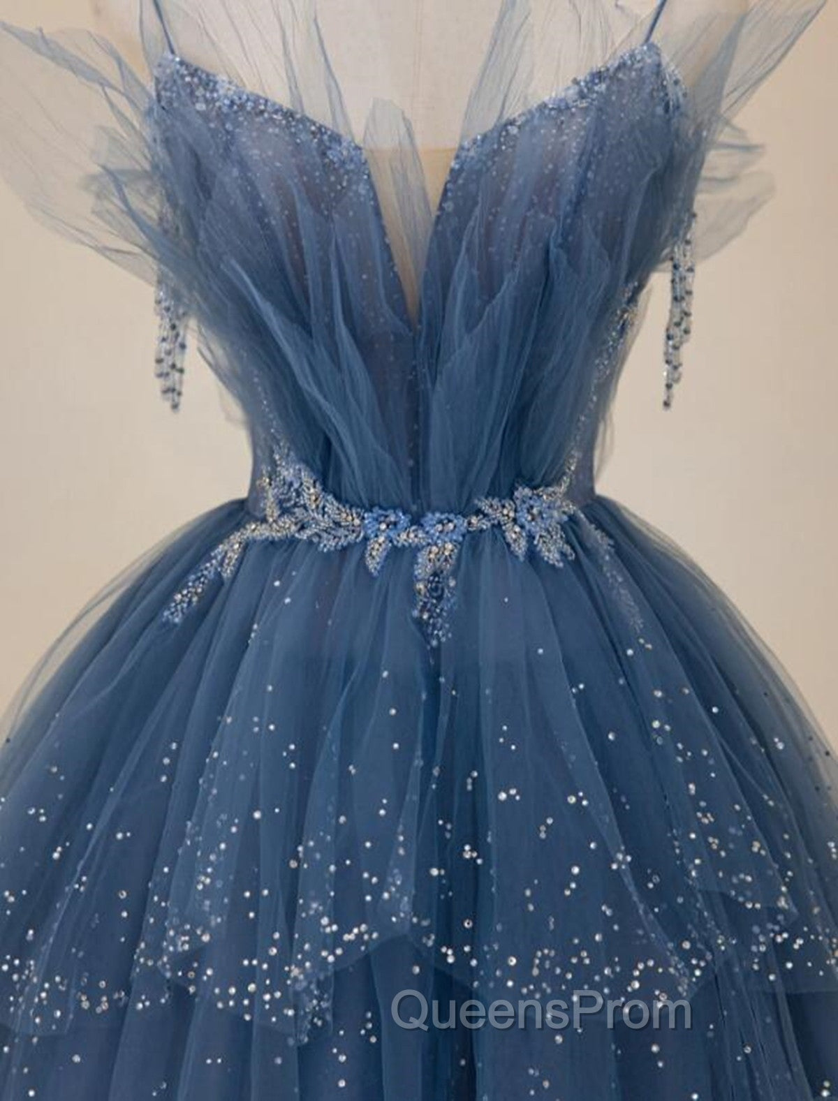 Blue Shiny Tulle Long Beaded A-line Evening Prom Dress, Blue Floor Length Party Dress Secondary image