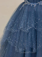Blue Shiny Tulle Long Beaded A-line Evening Prom Dress, Blue Floor Length Party Dress