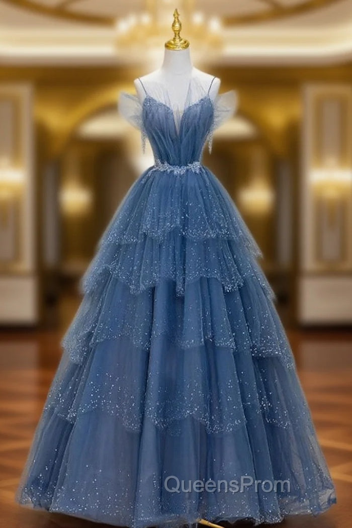Blue Shiny Tulle Long Beaded A-line Evening Prom Dress, Blue Floor Length Party Dress Main image