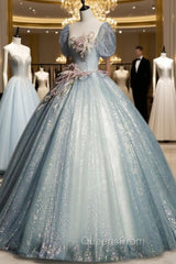 Blue Shiny Tulle Long Evening Prom Dress with Sequins, A-Line Short Sleeve Party Dress