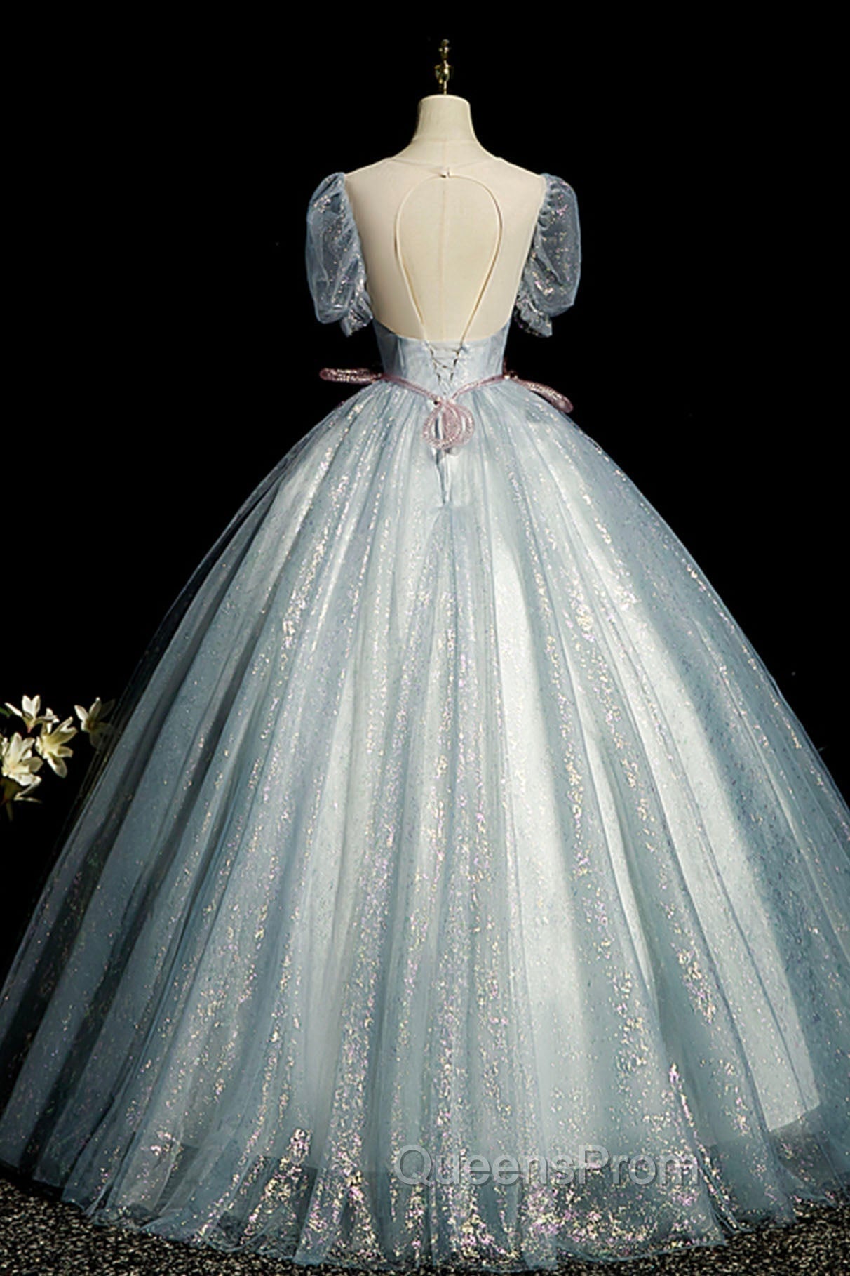 Blue Shiny Tulle Long Evening Prom Dress with Sequins, A-Line Short Sleeve Party Dress