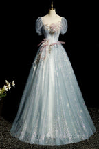 Blue Shiny Tulle Long Evening Prom Dress with Sequins, A-Line Short Sleeve Party Dress
