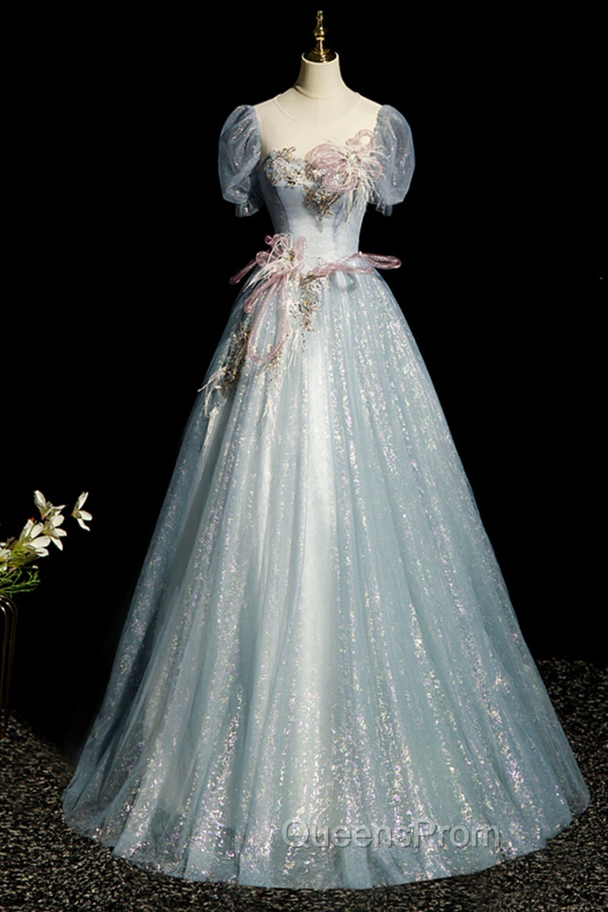 Blue Shiny Tulle Long Evening Prom Dress with Sequins, A-Line Short Sleeve Party Dress