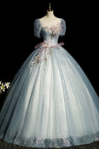 Blue Shiny Tulle Long Evening Prom Dress with Sequins, A-Line Short Sleeve Party Dress