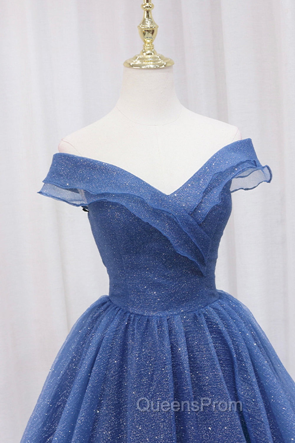 Blue Shiny Tulle Off the Shoulder Evening Prom Dress, Blue V-Neck Evening Dress Secondary image