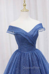 Blue Shiny Tulle Off the Shoulder Evening Prom Dress, Blue V-Neck Evening Dress