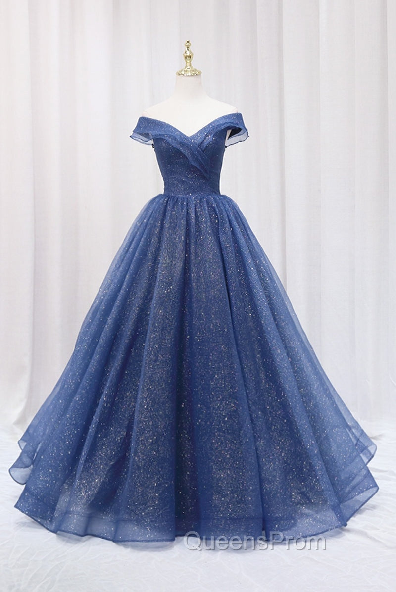 Blue Shiny Tulle Off the Shoulder Evening Prom Dress, Blue V-Neck Evening Dress Main image
