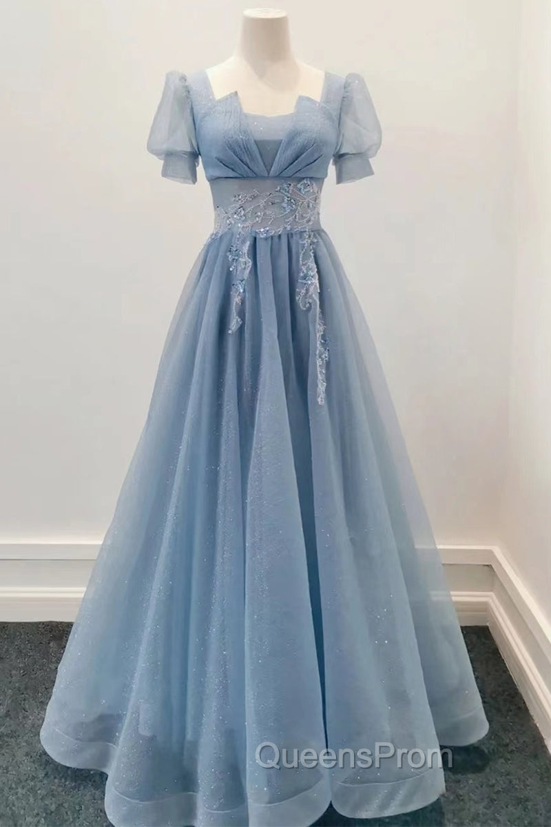 Blue Shiny Tulle Short Sleeves Long Evening Dress, Blue A-line Evening Prom Dress Main image