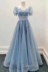 Blue Shiny Tulle Short Sleeves Long Evening Dress, Blue A-line Evening Prom Dress
