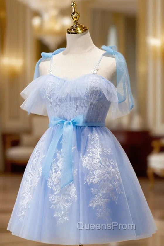 Blue Short Evening Prom Dress, Puffy Cute Blue Homecoming Dress with Lace Main image