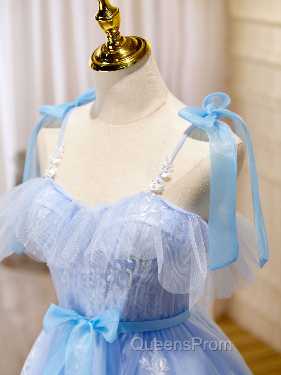 Blue Short Evening Prom Dress, Puffy Cute Blue Homecoming Dress with Lace