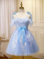 Blue Short Evening Prom Dress, Puffy Cute Blue Homecoming Dress with Lace