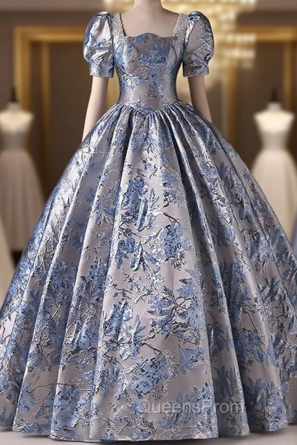 Blue Short Sleee Print Pearls Quinceanera Dress Main image