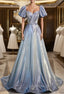 Blue Short Sleeve Pleats Evening Prom Dress