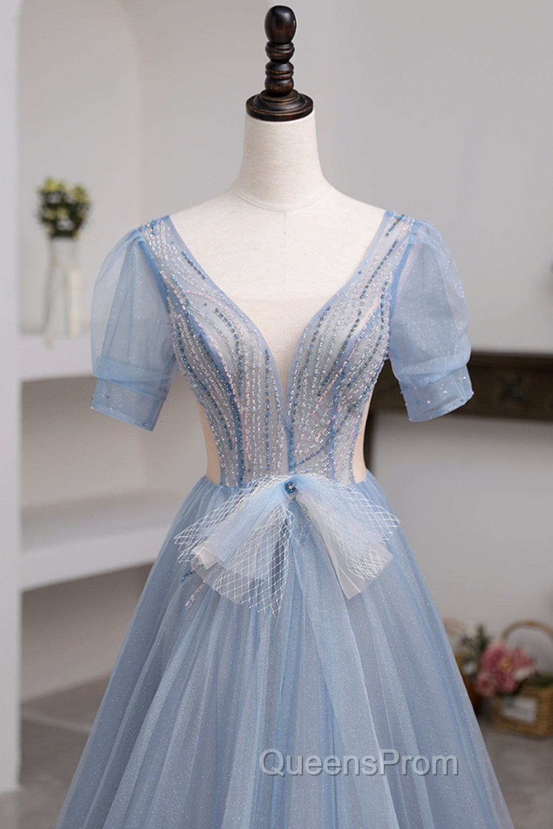 Blue Short Sleeve Tulle Floor Length Evening Prom Dress with Beaded Secondary image