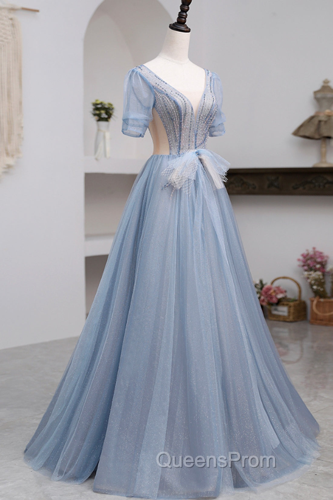 Blue Short Sleeve Tulle Floor Length Evening Prom Dress with Beaded
