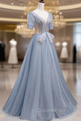 Blue Short Sleeve Tulle Floor Length Evening Prom Dress with Beaded, Blue A-Line Evening Dress