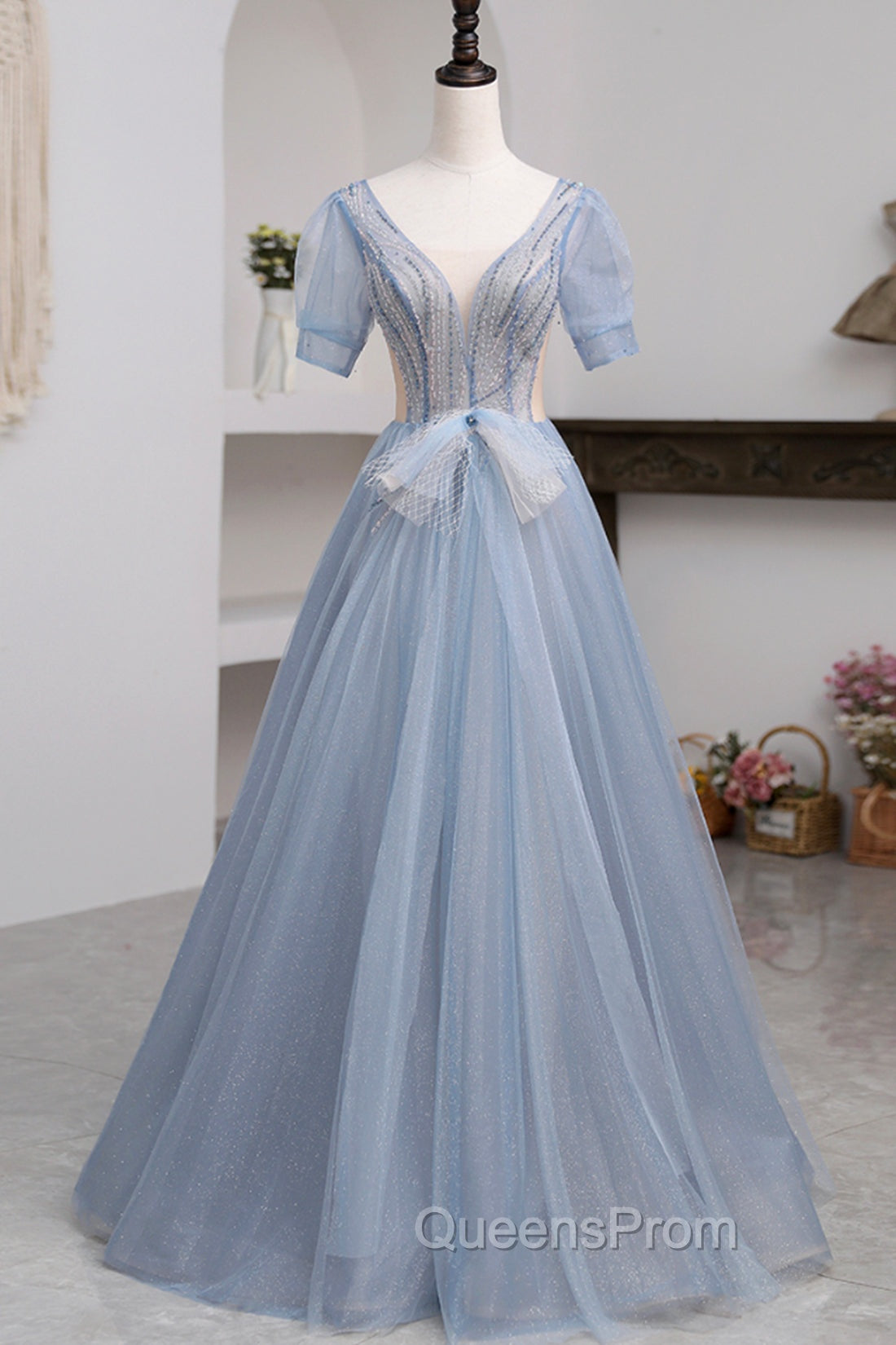 Blue Short Sleeve Tulle Floor Length Evening Prom Dress with Beaded, Blue A-Line Evening Dress Main image