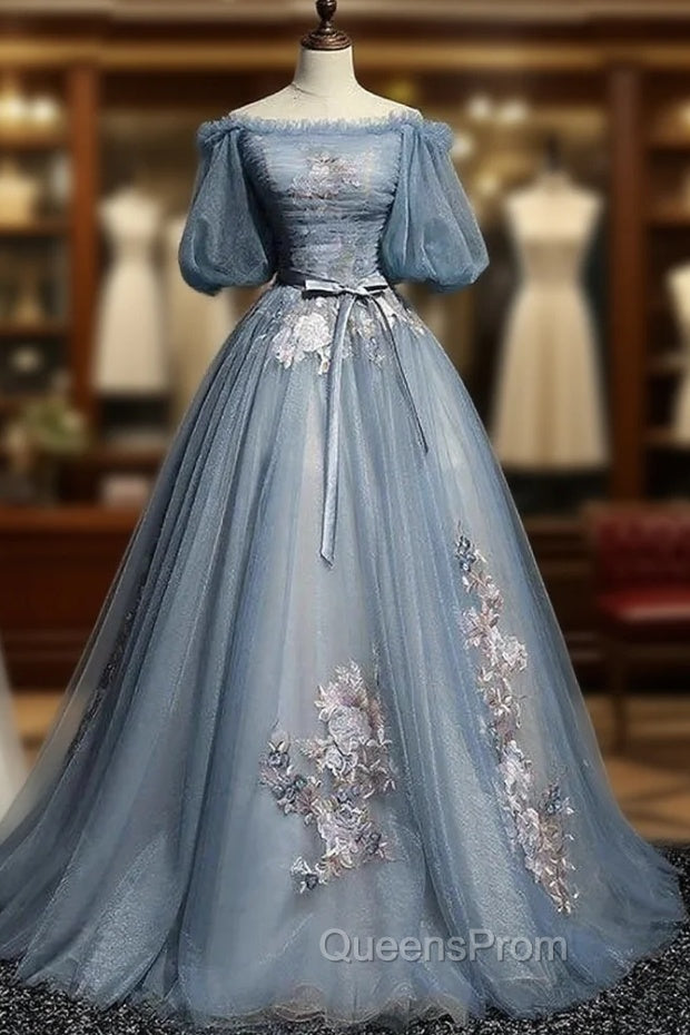 Blue Short Sleeves Long Tulle with Flower Applique Party Dress, Blue Sweet 16 Dress Secondary image