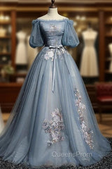 Blue Short Sleeves Long Tulle with Flower Applique Party Dress, Blue Sweet 16 Dress
