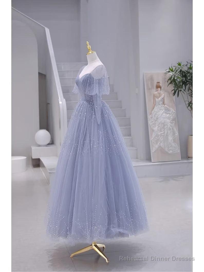 Blue Short Sleeves Tulle Long Sweetheart Party Dress, A-line Blue Prom Dress Main image
