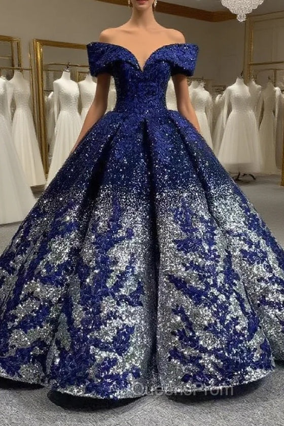 Blue Silver Ball Gown Sequins Appliques Evening Prom Dress Main image