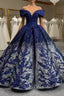 Blue Silver Ball Gown Sequins Appliques Evening Prom Dress